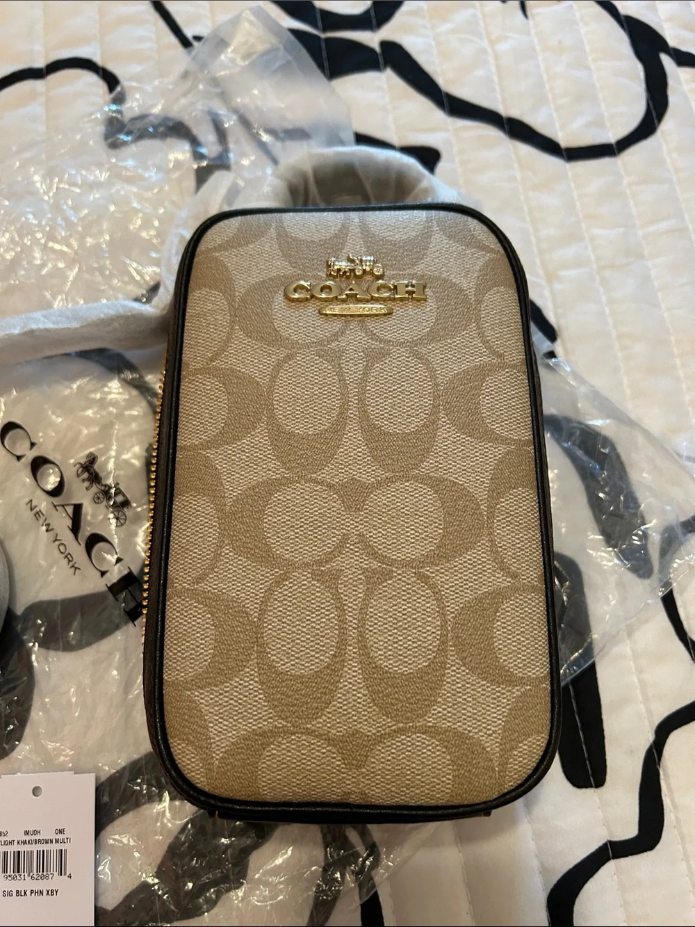 Coach Beige Signature Canvas Phone Crossbody with Chalk Trim